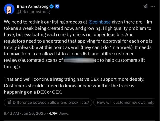 Coinbase CEO Brian Armstrong重整上币流程！孙宇晨：有失公正