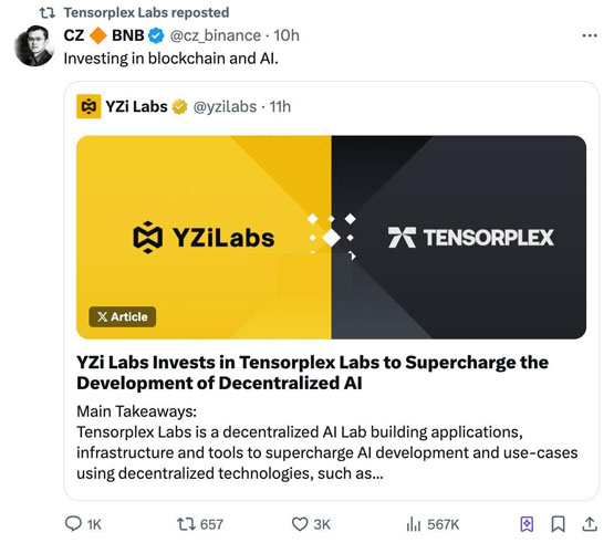 赵长鹏YZi Labs投资TAO生态的Tensorplex Labs！Tensorplex Dojo单日飙升2倍